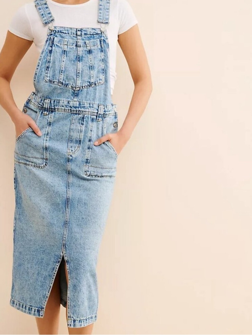 We The Free Light Wash Denim Overall Midi Skirt